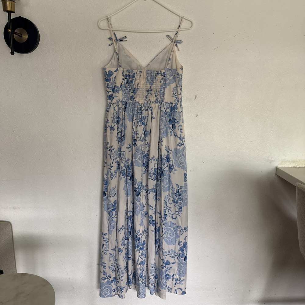 CeCe Women's White Blue Floral Maxi Dress Ruched V Neck Bodice Box Straps Size S - Picture 5 of 12